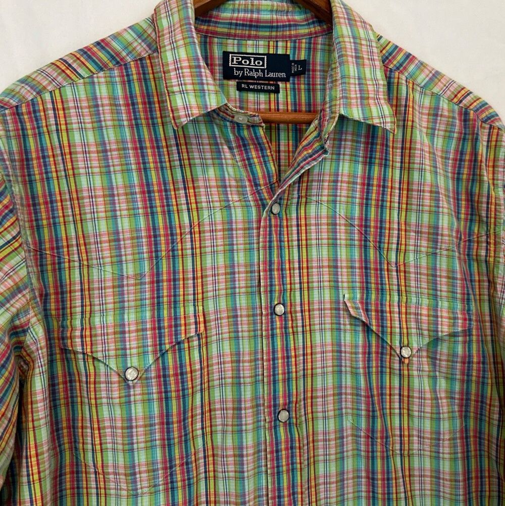 Vintage Polo Ralph Lauren RL Western Shirt Mens Large Plaid Pearl Snap Cowboy